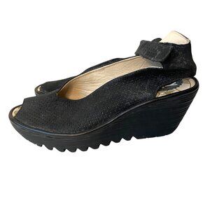 Fly London Black Leather Wedge Platform Sandals Open Toe Strap Women Size 40